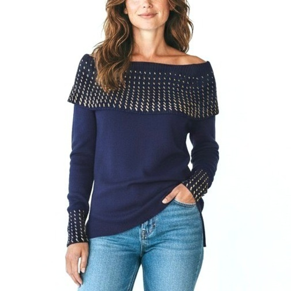 Vintage Questions Navy Blue Off Shoulder Gold Studded Knit Sweater Top Medium